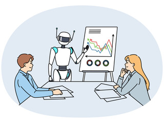 Artificial intelligence robot speaks to people in corporate boardroom to discuss company plans. Teamwork of employees and robot in office to achieve goals and automate business processes