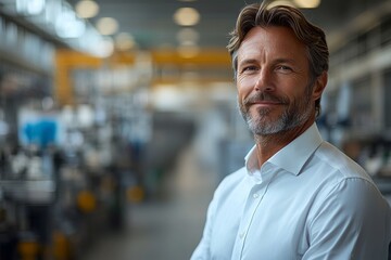 Obraz premium The seasoned businessman grins while standing amidst the industry