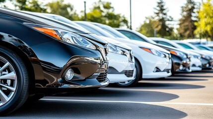 Parked cars in a well-lit lot showcase various colors and models during the day, highlighting clean lines and modern designs in an urban setting