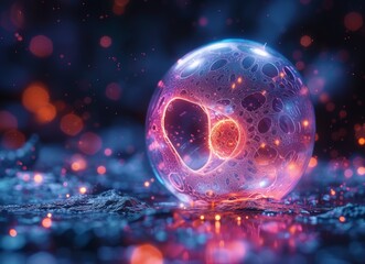 A glowing translucent biomorphic sphere with intricate patterns, neon pink and orange hues, set against a dark bokeh background
