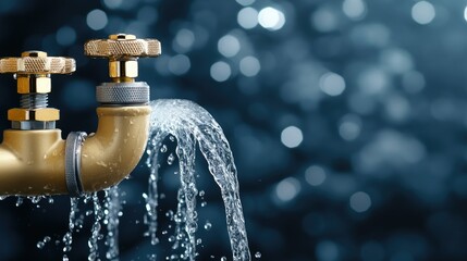 Water flows from a golden pipe with valves against a blurred blue background, showcasing plumbing details and water dynamics