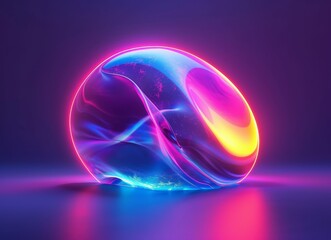 A futuristic glowing orb with neon pink, yellow, and blue gradients, featuring fluid textures and reflections on a dark background, symbolizing the birth of new life