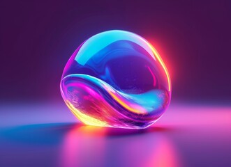 A glowing liquid-shaped ball with neon pink, blue, and yellow hues, set against a dark gradient background with reflections, symbolizing the thinking and analyzing process