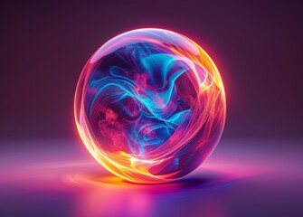 Vibrant glowing sphere with swirling neon colors of blue, pink, and orange, set against a gradient dark purple background
