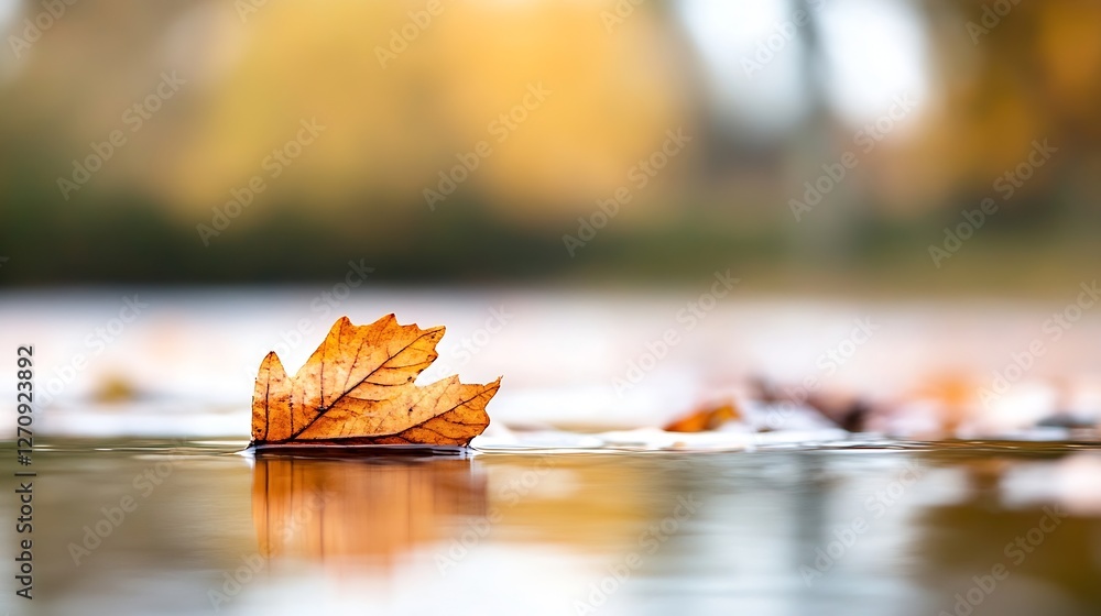 Poster single autumn leaf floating peacefully on calm water with blurred reflections in vibrant fall colors