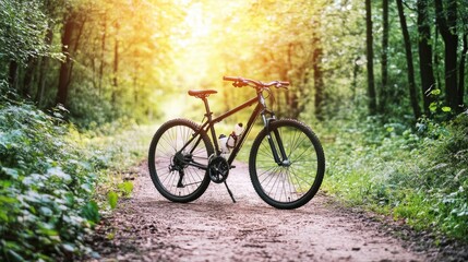 Fototapeta premium A mountain bike parked on a dirt trail with a lush green forest in the background