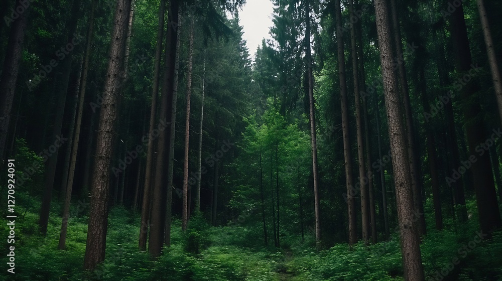 Poster tall trees surrounding a beautiful green forest creating a lush and serene atmosphere : generative a