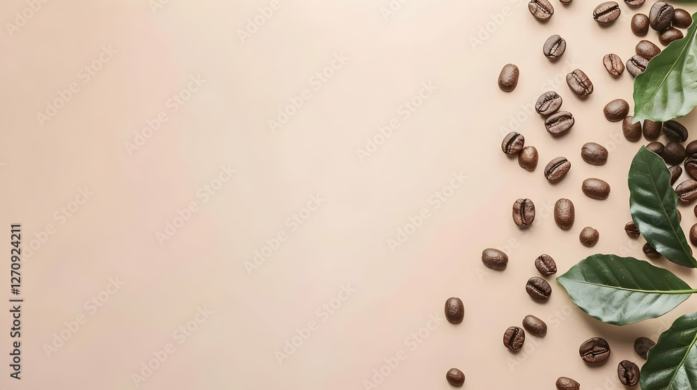 Poster coffee beans scattered on a soft background with leaves, creating a serene atmosphere