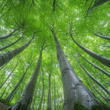 Forest canopy, tall trees, vibrant green leaves, upward view