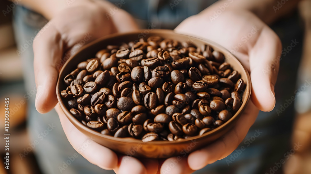 Poster hands holding a bowl of roasted coffee beans in a rustic setting with blurred background elements