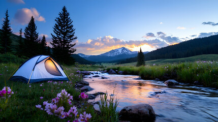 Peaceful Camping Tent In Meadow At Sunset With Mountains