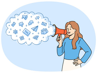 Woman with megaphone in hands announces business event or works as promoter advertising company services. Girl promoter with loudspeakers near cloud with icons symbolizing marketing