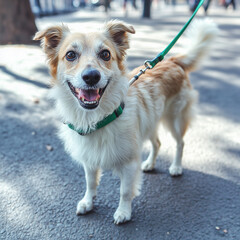 Cheerful dog on leash smiling while walking through park, radiating happiness and playfulness