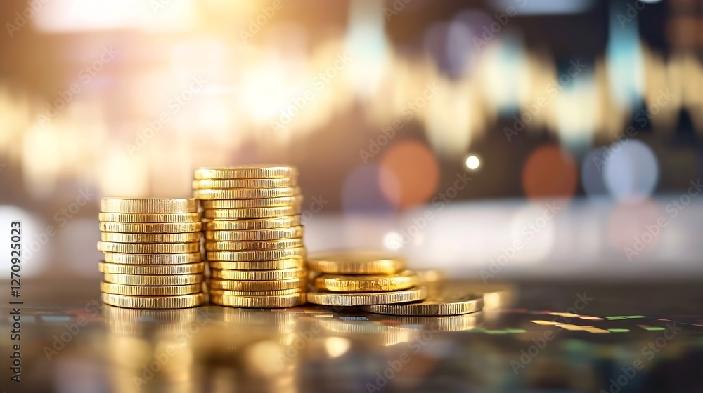 Aufkleber stacks of gold coins on a table with blurred background indicating wealth and investment : generativ