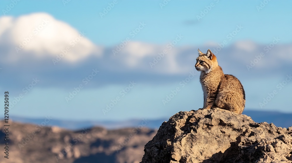 Poster cute wild bobcat sitting on a rock with clear blue sky as its backdrop in nature : generative ai