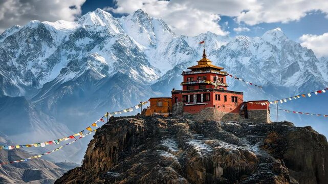 A remote Tibetan monastery perched on a rocky cliff, surrounded by snow-capped mountains and colorful prayer flags fluttering in the wind
