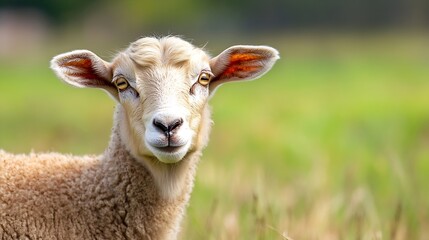 Obraz premium Young sheep standing proudly in a lush green pasture captured in bright daylight showcasing rural life : Generative AI