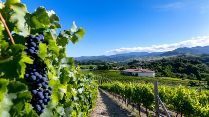 Obraz premium Picturesque Vineyard Rows With Blue Grapes Under Sunny Sky