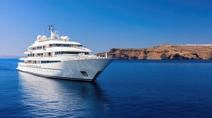 Luxury yacht sailing in the serene waters of Santorini on a clear day surrounded by picturesque cliffs and a vibrant sky