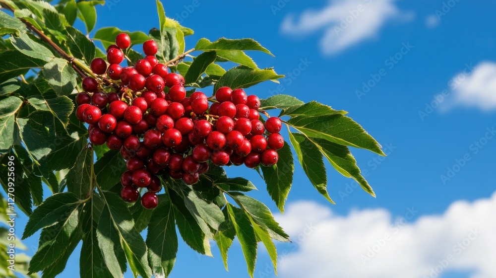 Poster red berries cluster on tree branches against clear blue sky with clouds during sunny day in natural 