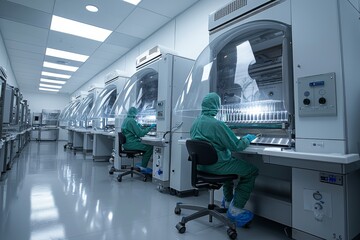 Pharmaceutical industry factory and production laboratory (color toned image; shallow DOF), illustrating the concept of COVID vaccine production