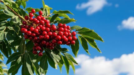 Red berries cluster on tree branches against clear blue sky with clouds during sunny day in natural setting