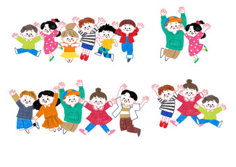 色鉛筆で描いたジャンプする子供たちのセット