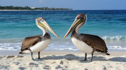 Brown pelicans stand on the sandy beach near the turquoise ocean under a clear blue sky in a tropical coastal setting