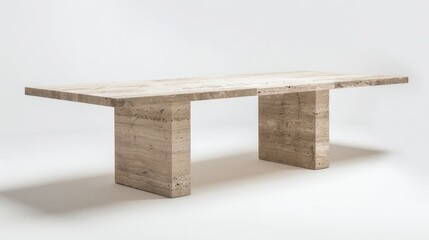 A large dining table made of travertine, with a minimalist interior design