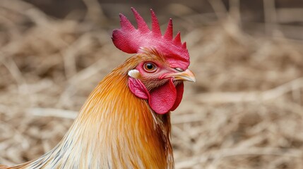 A vibrant and colorful rooster stands tall and proud inside a rustic barn, surrounded by soft straw on the ground, illuminated by the gentle morning light filtering through the open doors