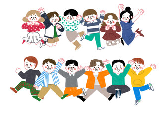 色鉛筆で描いたジャンプする人々のイラスト（男女別）