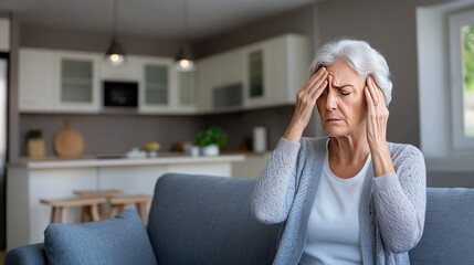Elderly woman sitting on a couch in a modern living room, holding her head in distress due to a migraine headache during the afternoon