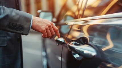 Businessman hand opening luxury car door, chauffeur service, professional transport, executive travel, corporate commute, business class ride, vip transportation