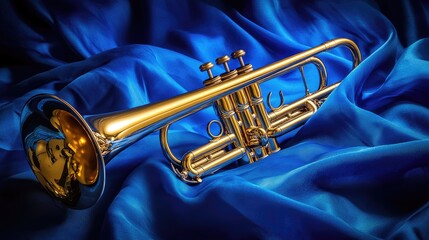 Obraz premium A trumpet gleaming under studio lights, with a soft fabric backdrop in deep blue