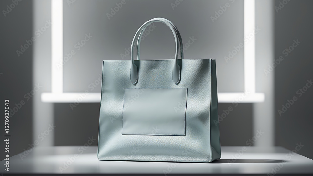 Poster elegant soft gray tote bag displayed under soft lighting on a minimalist background, emphasizing mod