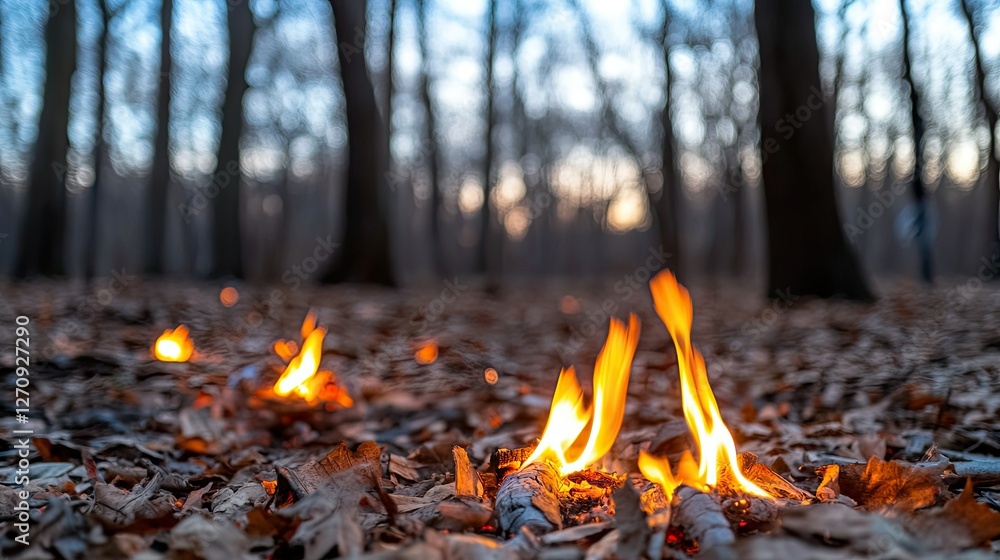 Poster flames flicker amidst the autumn leaves in a serene forest during twilight hours, creating a warm at