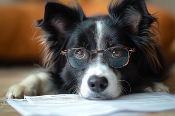 Fototapeta premium An elderly border collie dog wearing spectacles contemplates purchasing pet insurance