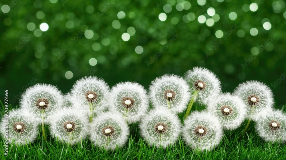 Poster dandelions in full bloom with vibrant green background in a serene natural setting during daylight h