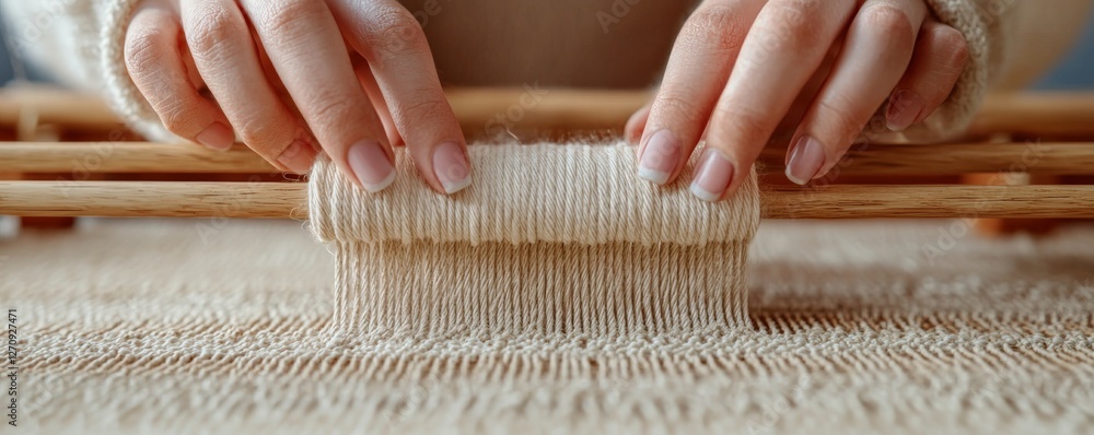 Aufkleber handicrafts weaving technique concept. hands working on a weaving project with natural fibers.