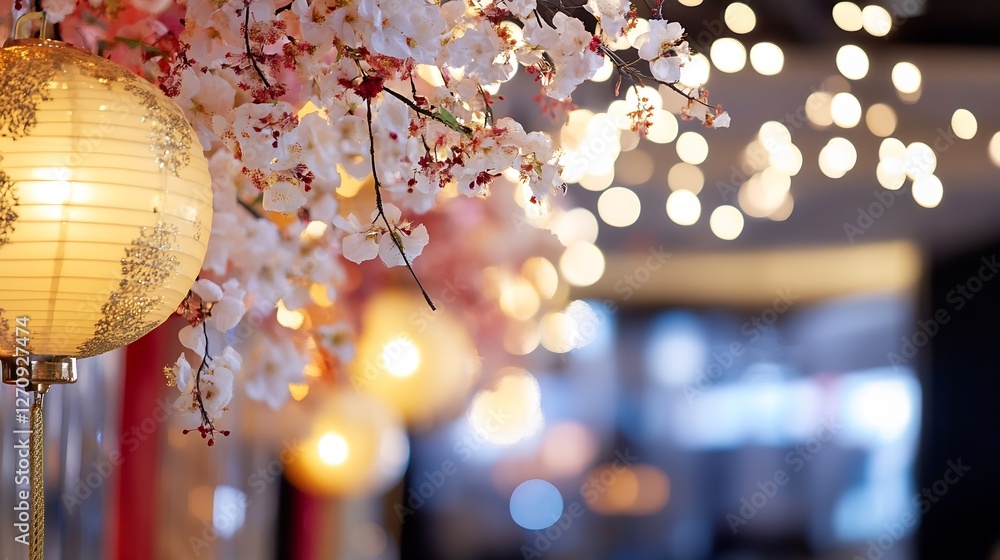 Poster beautiful cherry blossom branches with lanterns and twinkling lights for a festive atmosphere : gene