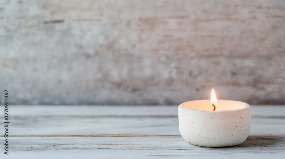 Poster simple white candle glowing softly on rustic wooden table inviting calm and relaxation : generative 