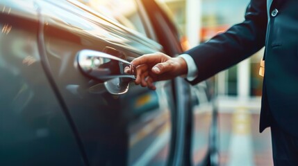 Businessman hand opening luxury car door, chauffeur service, professional transport, executive travel, corporate commute, business class ride, vip transportation
