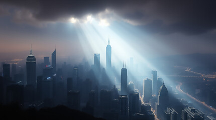 Cityscape Majesty Sunbeams Illuminate Dark Skyscrapers