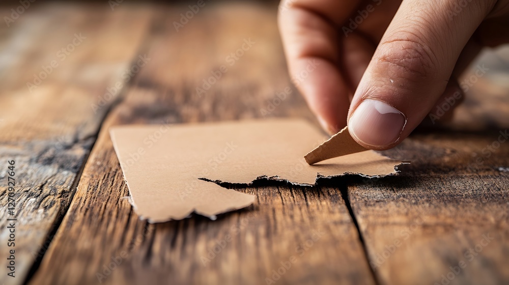Poster hand carefully peeling away layer of brown cardboard on rustic wooden table revealing texture : gene