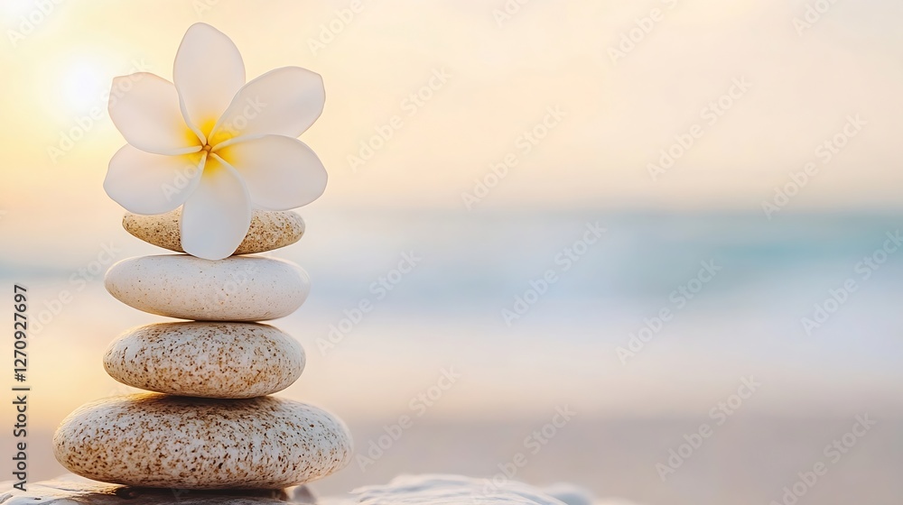 Poster beautifully arranged stones stacked with a delicate white flower set against a serene beach backdrop