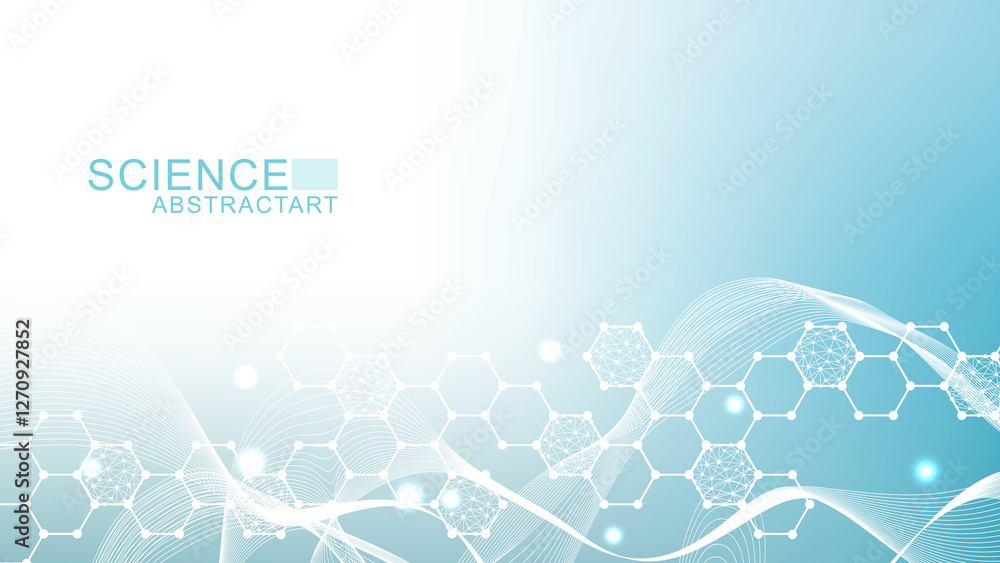 Poster modern science background with lines, dots and hexagons. wave flow abstract background. molecular st