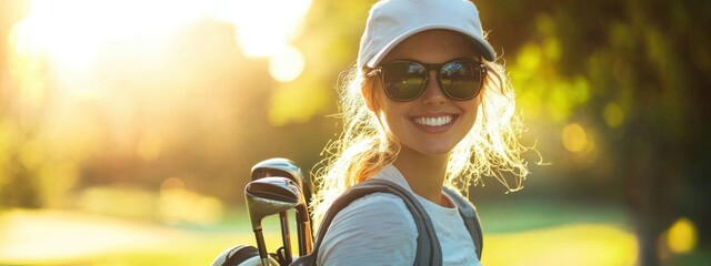 Smiling woman golfer carrying golf clubs in golf attire in bright sunshine, ready for a round of golf on a beautiful day.