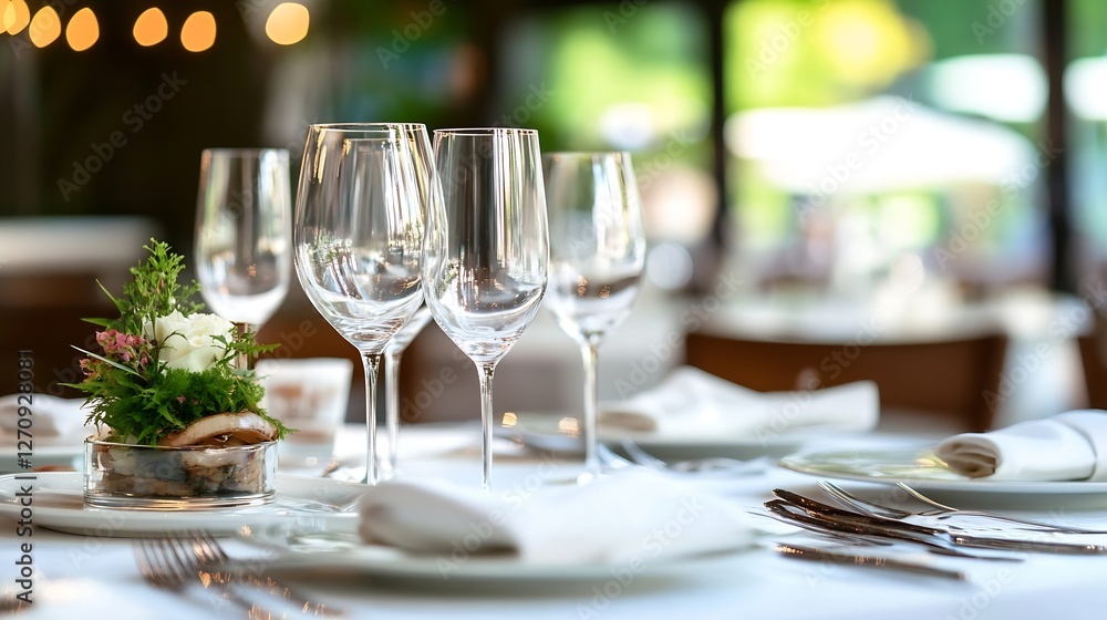 Aufkleber Elegant setting of fine dining table adorned with sparkling glasses and soft flowers for a luxurious meal experience : Generative AI