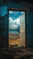 Rusty door opens to sky, desert landscape.