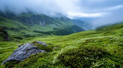 Fototapeta premium Lush Green Valley Surrounded by Misty Mountains and Dramatic Sky View : Generative AI